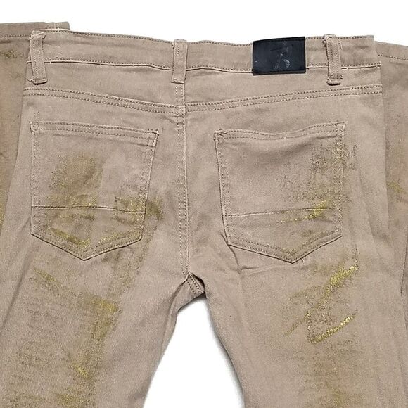 SEVEN Souls Tan Gold Painted Distressed Moto Jeans - Picture 9 of 11
